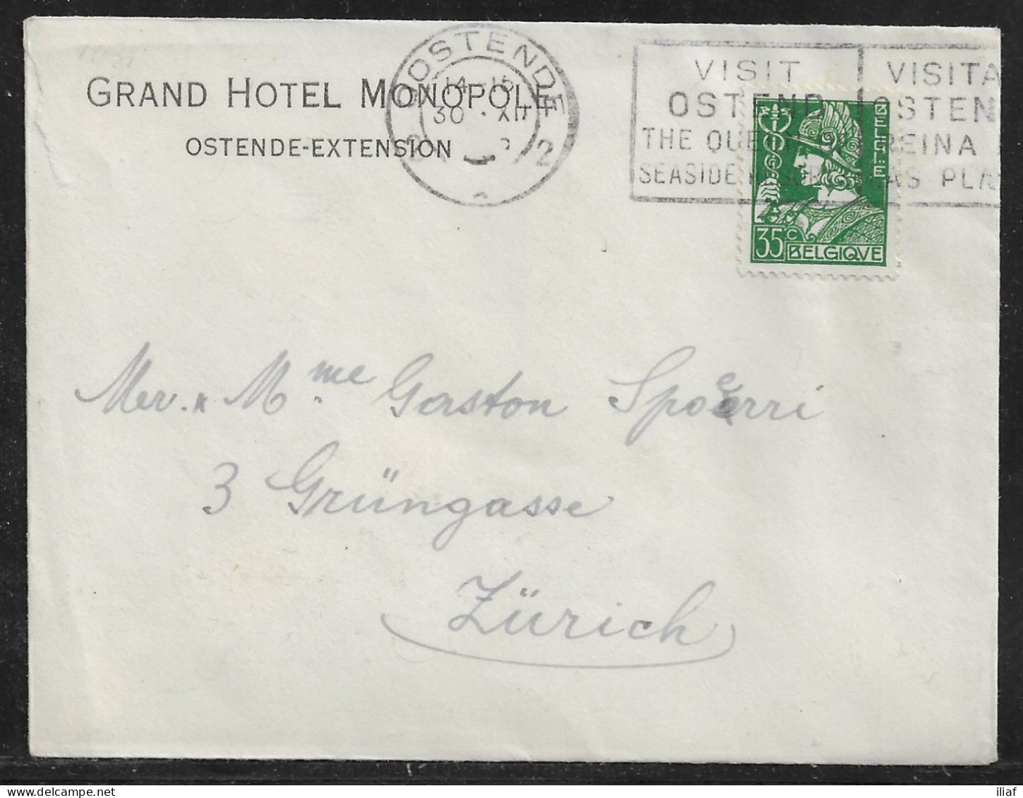 Belgium. Stamp Sc. 250 On Letter, Sent From Grand Hotel “Monopol” Ostende On 30.12.1932 For Zurich Switzerland - 1932 Cérès Et Mercure