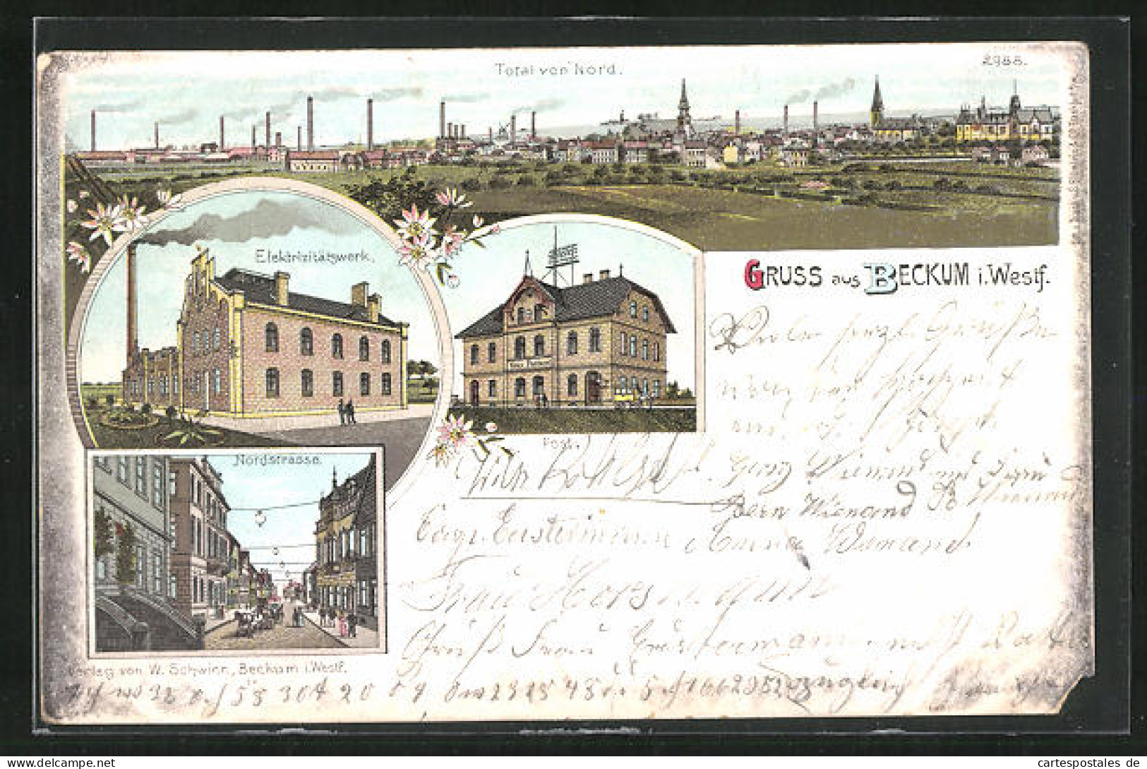 Lithographie Beckum I. W., Elektrizitätswerk, Nordstrasse, Panorama Von Nord  - Beckum