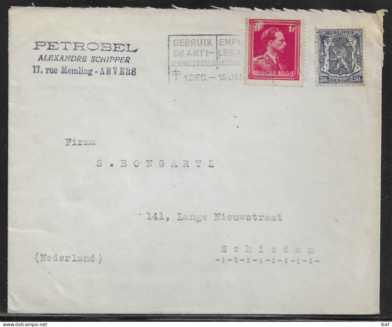 Belgium. Stamps Sc. 275, 284 On Commercial Letter, Sent From Anvers On 1.12.1936 For Schiedam Netherlands - 1936-1957 Collar Abierto