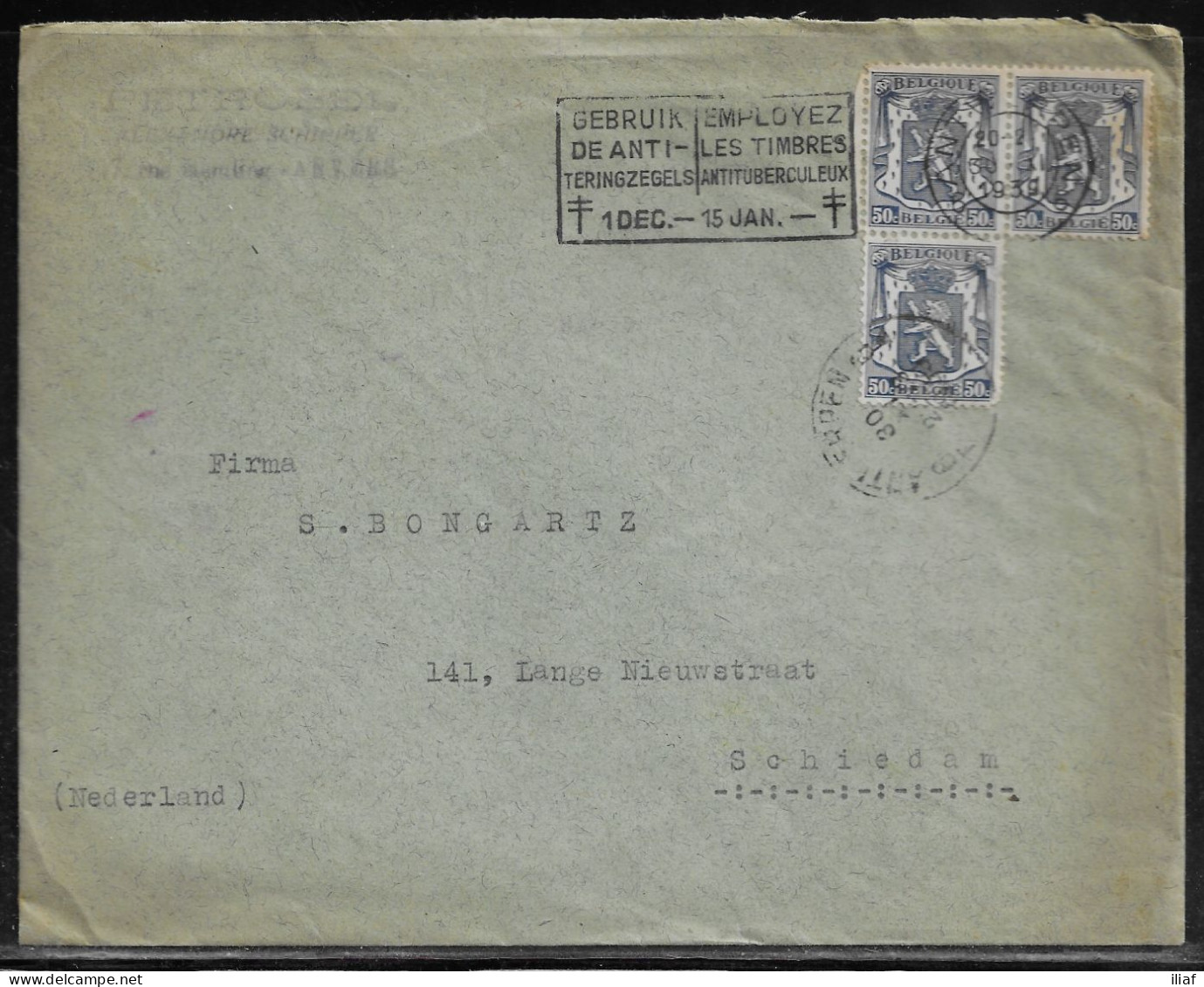 Belgium. Stamps Sc. 275 On Commercial Letter, Sent From Anvers On 30.11.1939 For Schiedam Netherlands - 1935-1949 Petit Sceau De L'Etat