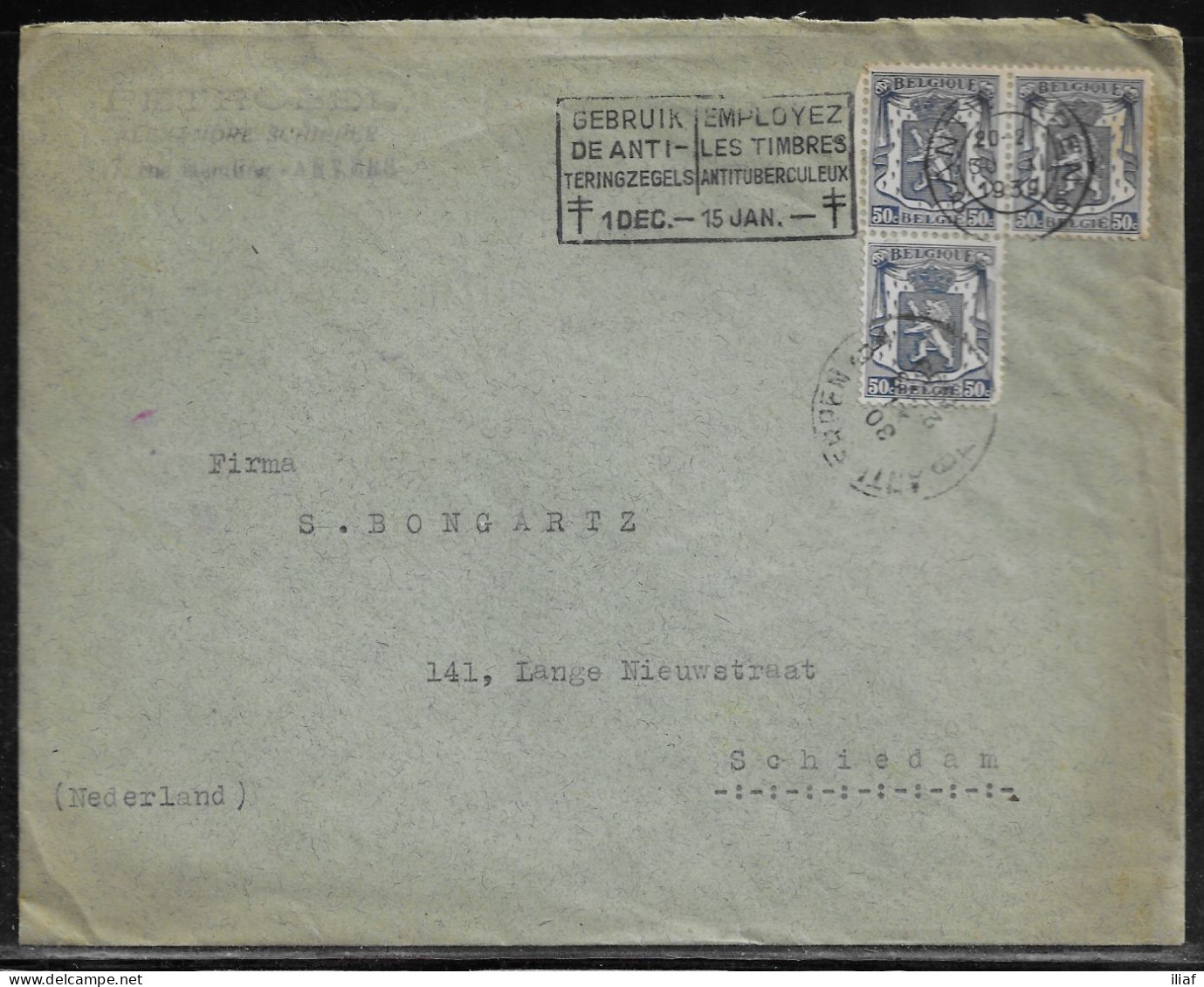 Belgium. Stamps Sc. 275 On Commercial Letter, Sent From Anvers On 30.11.1939 For Schiedam Netherlands - 1935-1949 Small Seal Of The State