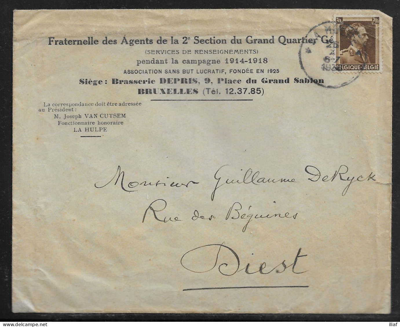 Belgium. Stamp Sc. 283 On Commercial Letter, Sent From La Hulpe On 25.10.1936 For Diest Belgium - 1936-1957 Open Kraag