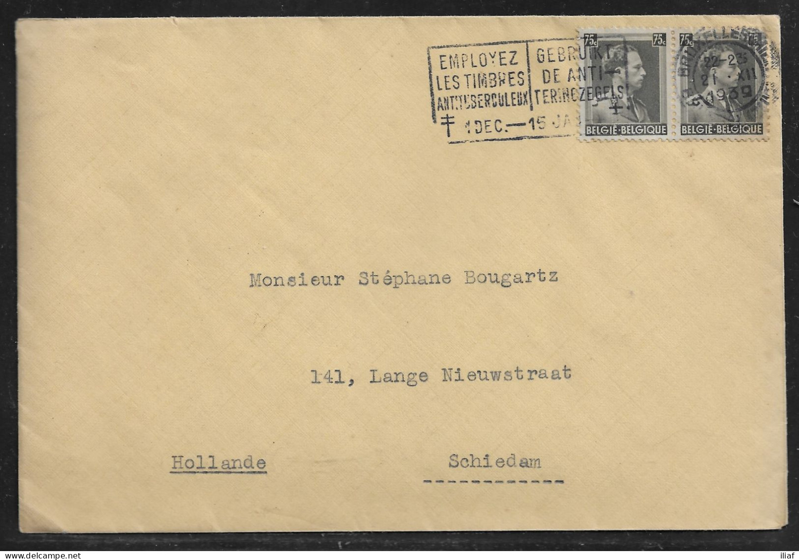 Belgium. Stamp Sc. 310 On Commercial Letter, Sent From Bruxelles On 21.12.1939 For Schiedam Netherlands - 1936-1957 Open Kraag