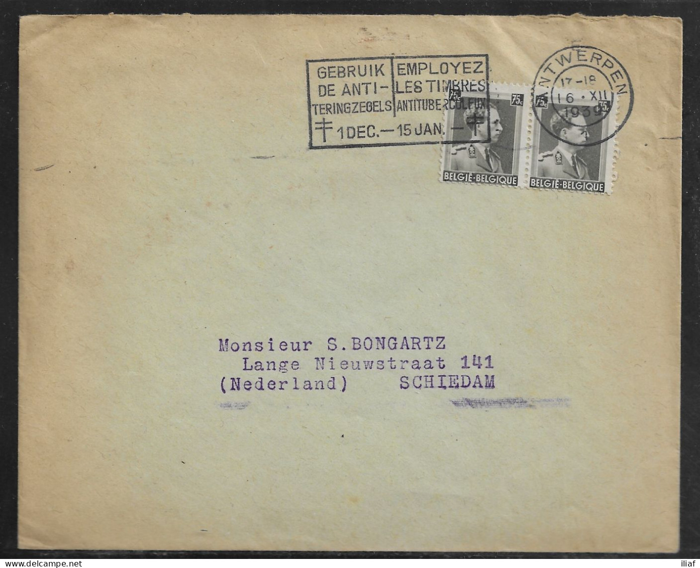Belgium. Stamp Sc. 310 On Commercial Letter, Sent From Anvers On 16.12.1939 For Schiedam Netherlands - 1936-1957 Open Kraag