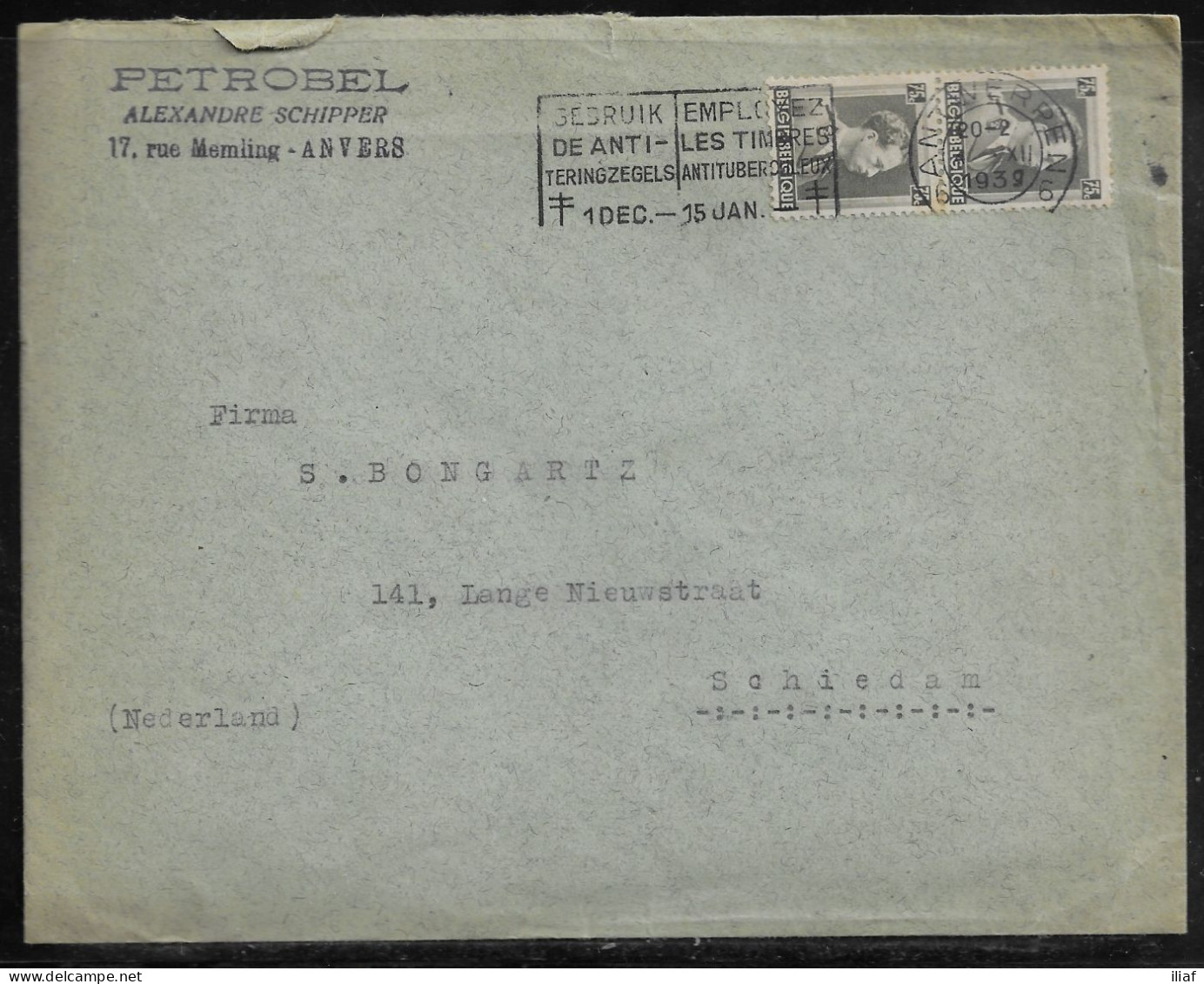 Belgium. Stamp Sc. 310 On Commercial Letter, Sent From Anvers On 16.12.1939 For Schiedam Netherlands - 1936-1957 Collo Aperto