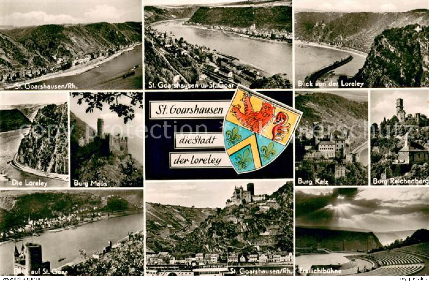 73669936 St Goarshausen Panorama Blick Von Der Loreley Burg Maus Burg Katz Burg  - Loreley