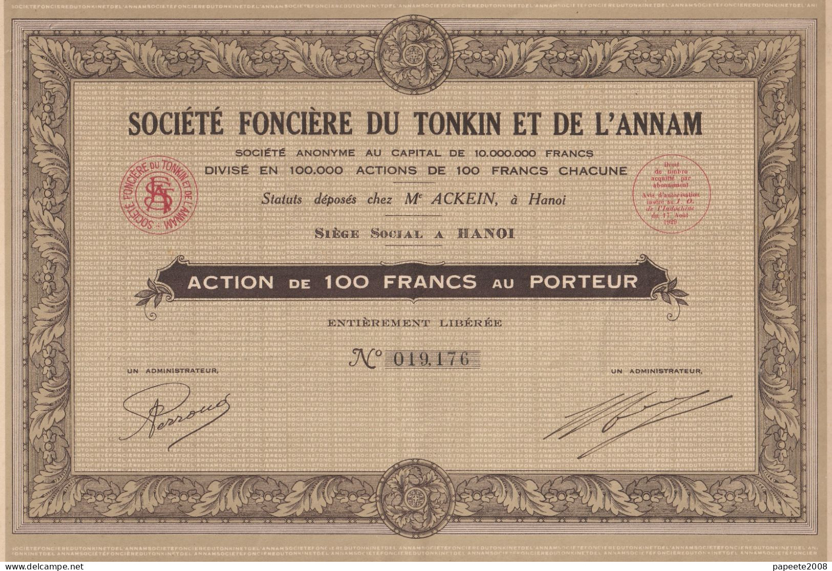 Indochine - Sté Foncière Du Tonkin Et De L'Annam - Action De 100 Fcs / 1929 - Asie