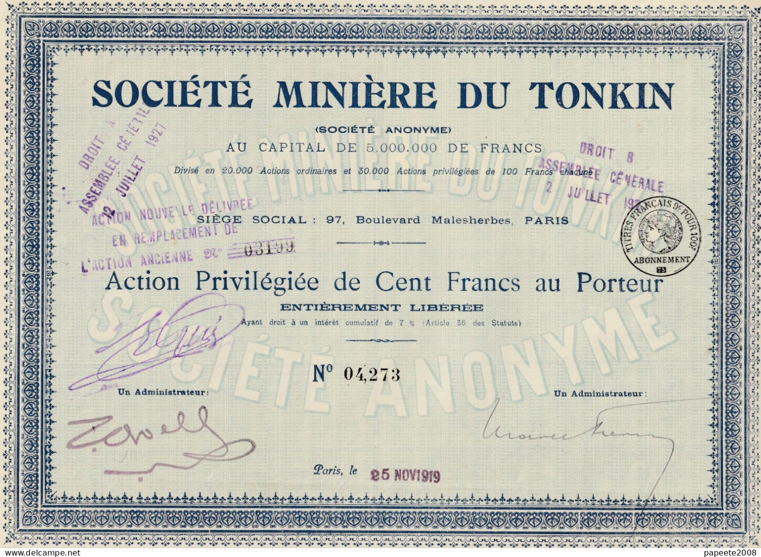 Indochine - Sté Minière Du Tonkin - Action Privilégiée De 100 Fcs / 1919 - Azië
