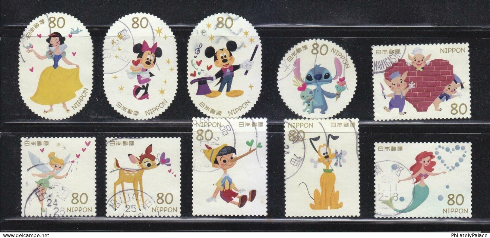 JAPAN 2012 DISNEY,Mickey Mouse,Minnie,Ariel,Snow White,Tinker Bell,Pluto Dog,Pinocchio,Bambi Deer, SET OF 10 USED (**) - Gebruikt