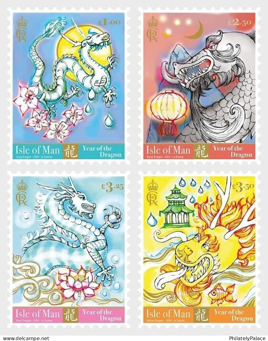 ISLE OF MAN 2024 ZODIAC LUNAR NEW YEAR OF DRAGON COMP. SET OF 4 STAMPS MINT MNH (**) - Año Nuevo Chino