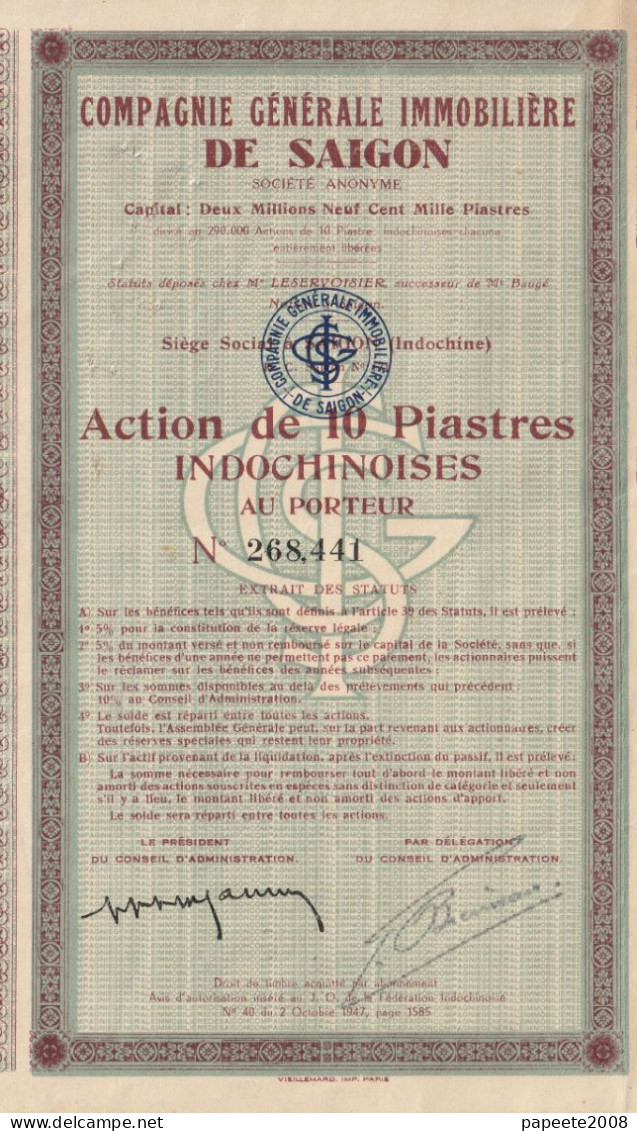 Indochine - Cie Générale Immobilière De Saïgon - Action De 10 Piastres Indochinoises / 1947 - Asia