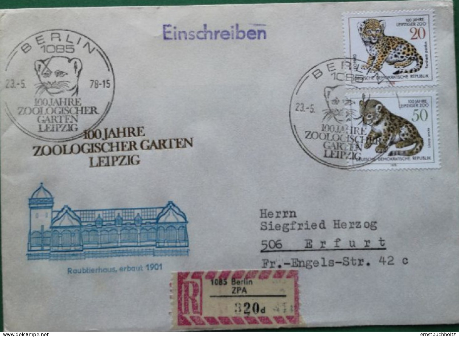 DDR Einschreibebrief 1978 100 Jahre Zoo Leipzig SSt + BM Raubtierjunge - Umschläge - Gebraucht