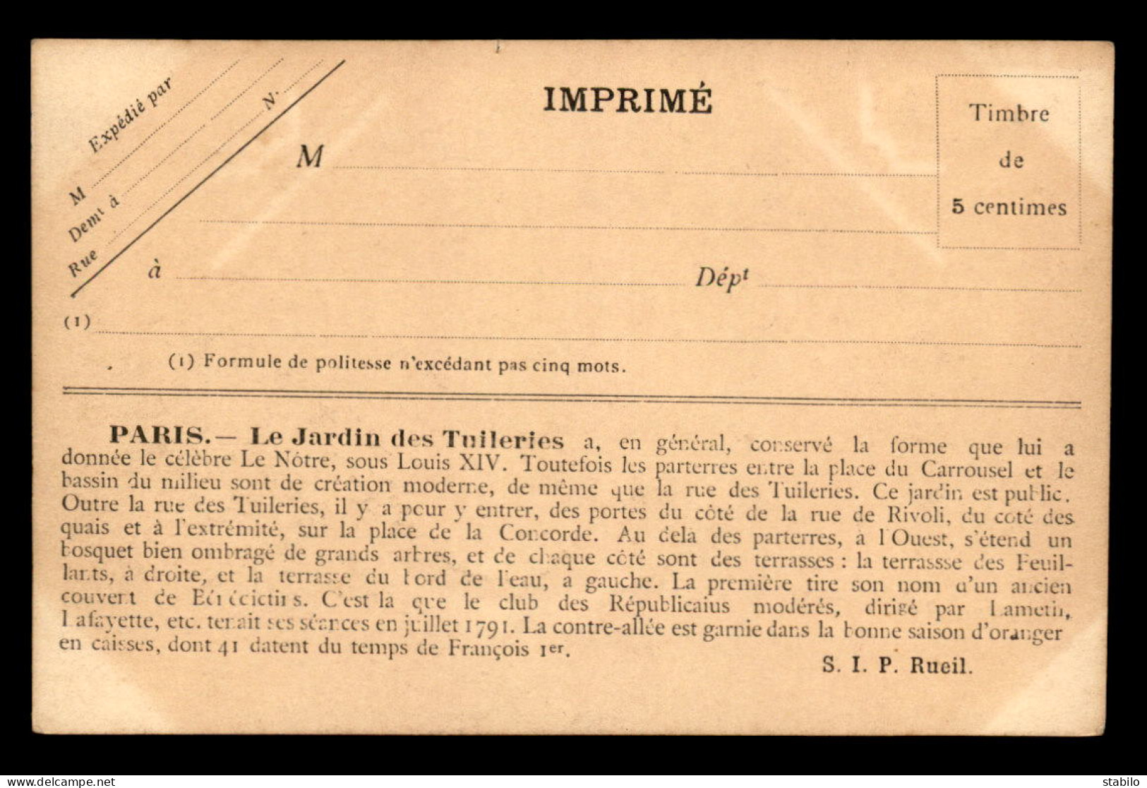 75 - PARIS - LE JARDIN DES TUILERIES - EDITEUR S.I.P. RUEIL - Konvolute, Lots, Sammlungen