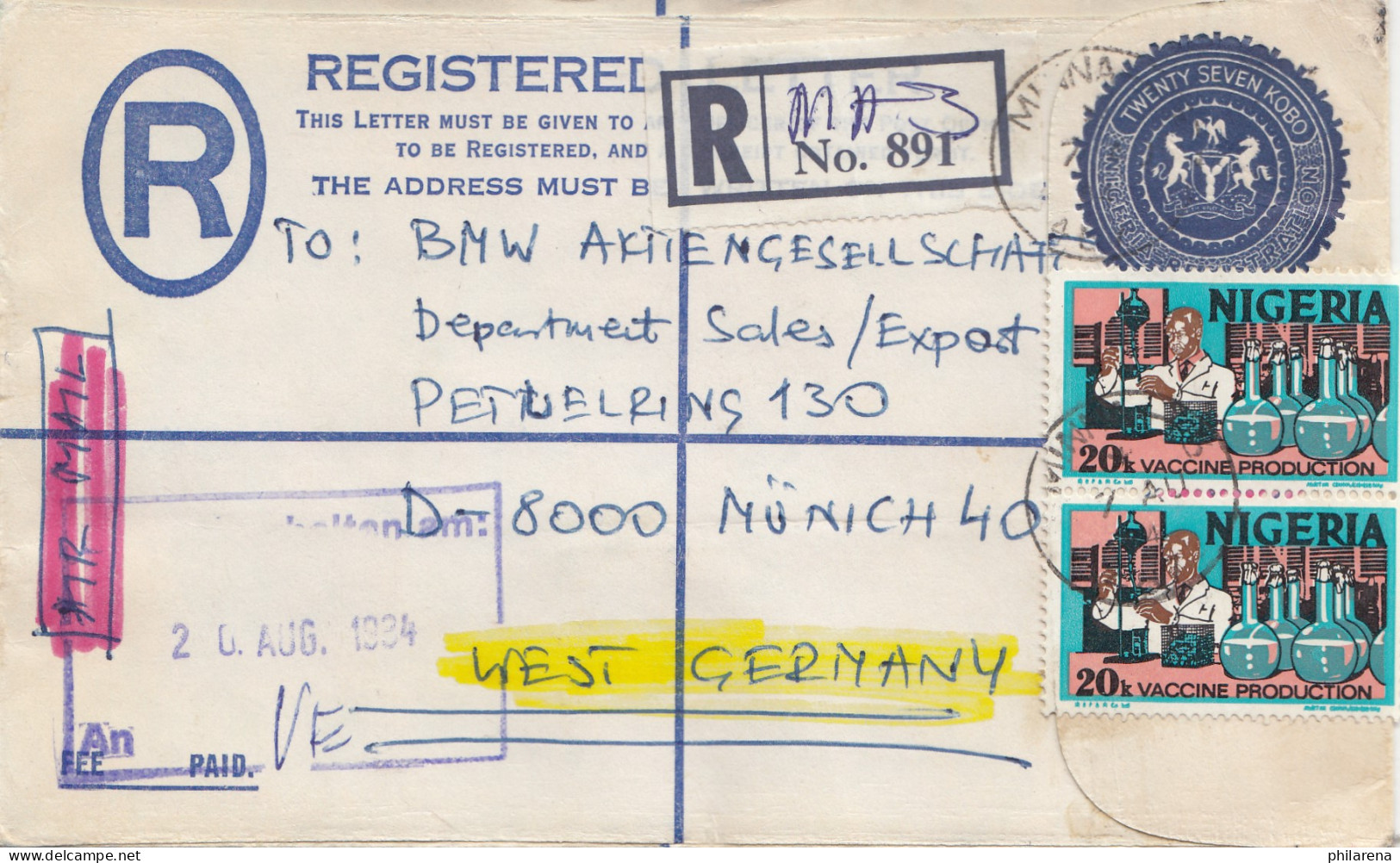 Nigeria: Registered Letter To BMW München 1984 - Nigeria (1961-...)