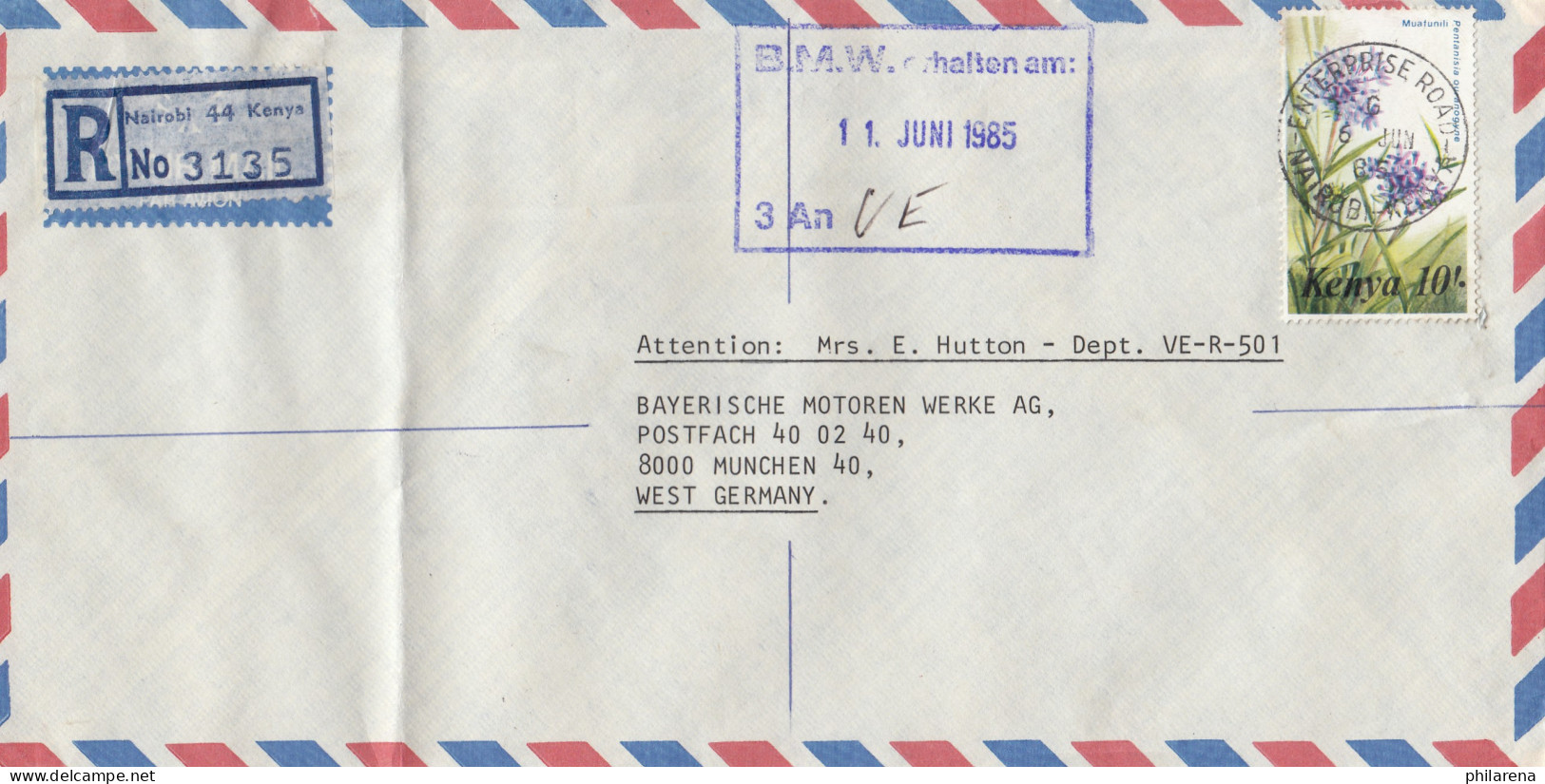 Kenya: Registered Letter Nairobi 1985 To BMW München - Kenia (1963-...)