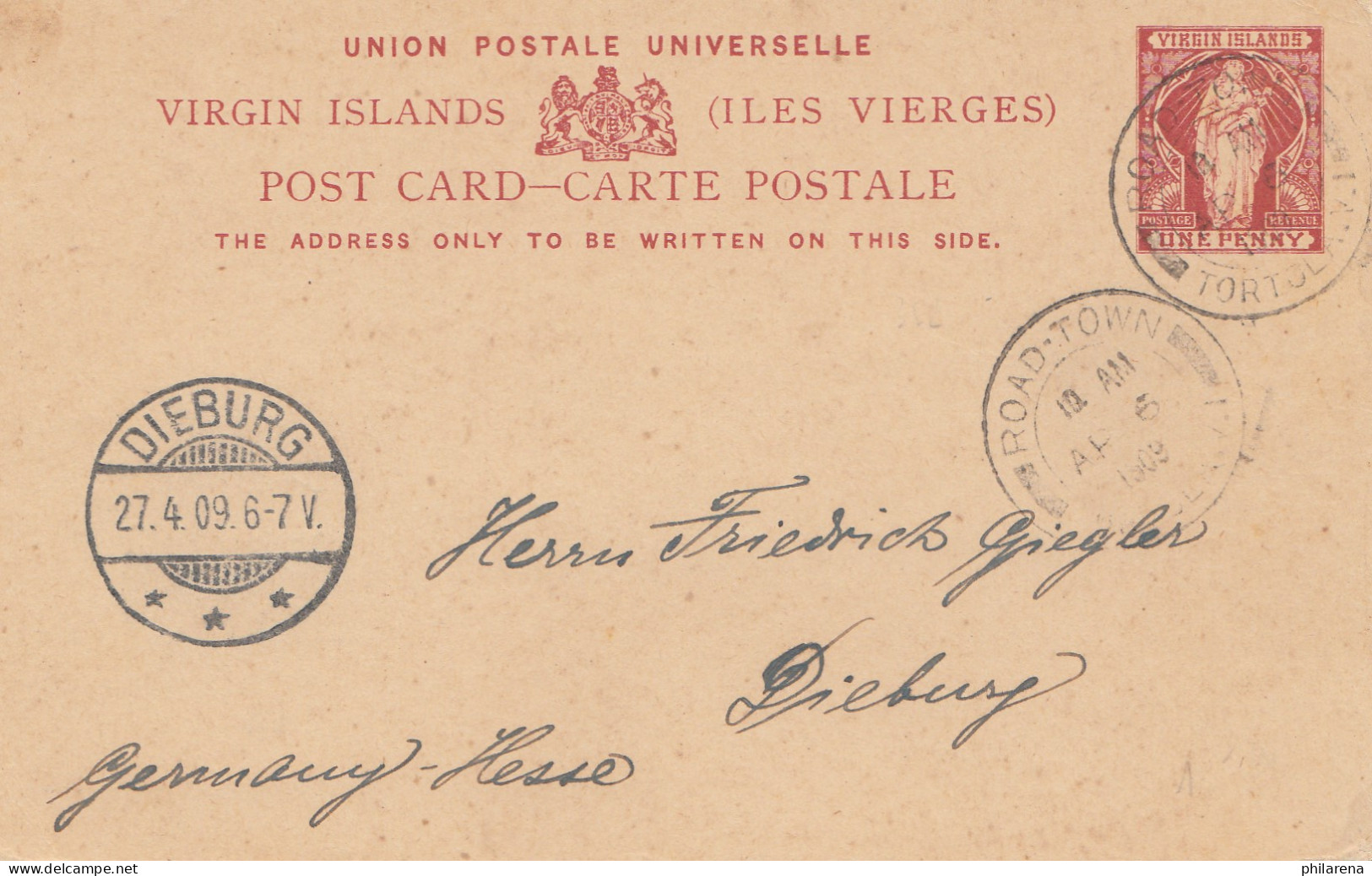 Virgin Islands: Road Town 1909 Post Card To Dieburg/Germany - Iles Vièrges Britanniques