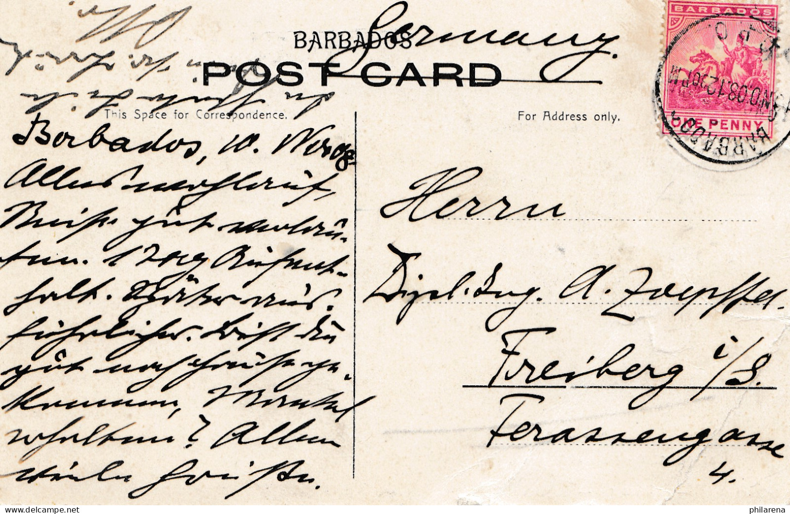 Barbados: Post Card Residence With Canons 1908 To Freiberg - Barbados (1966-...)
