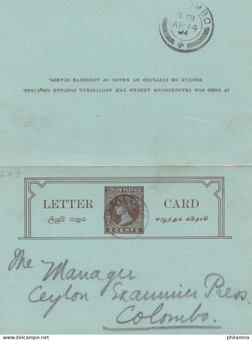 Ceylon: 1904: Letter Card To Colombo - Sri Lanka (Ceylon) (1948-...)