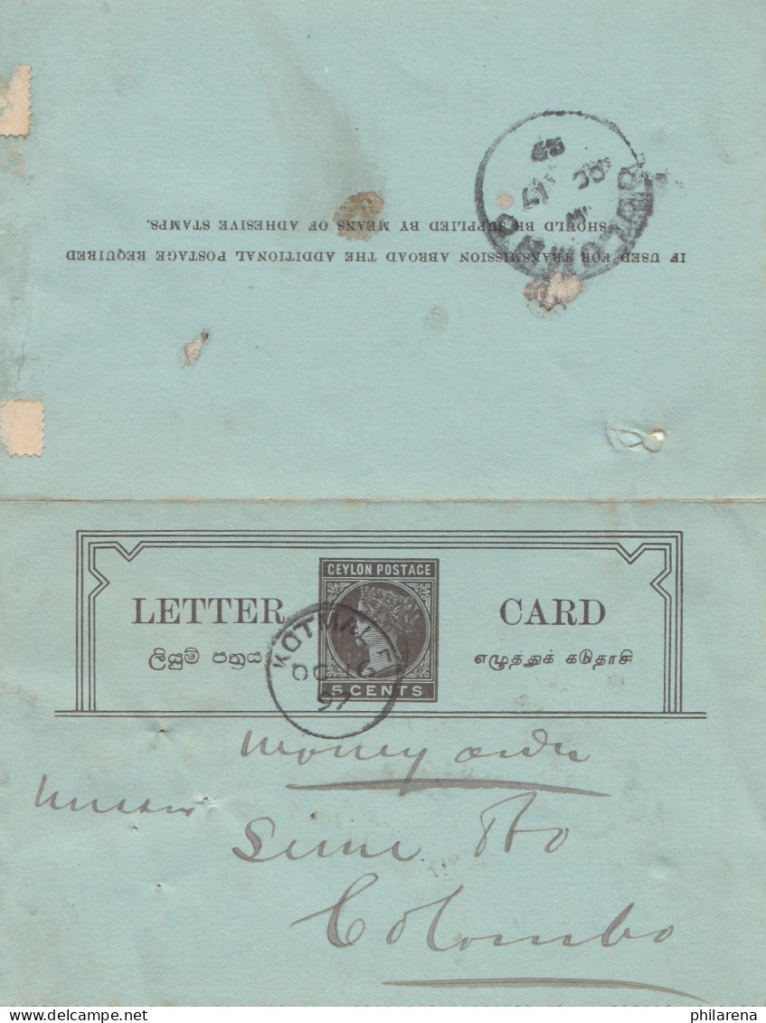 Ceylon: 1899: Letter Card Kotmalxx Moneyorder To Colombo - Sri Lanka (Ceylon) (1948-...)