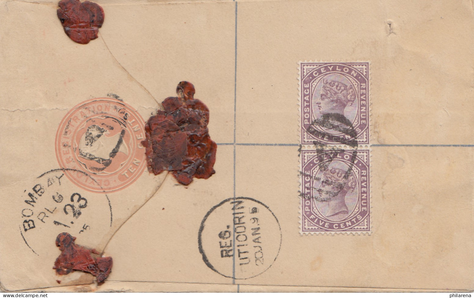 Ceylon 1895: Registered Letter Colombo To Bombay/India - Sri Lanka (Ceylon) (1948-...)