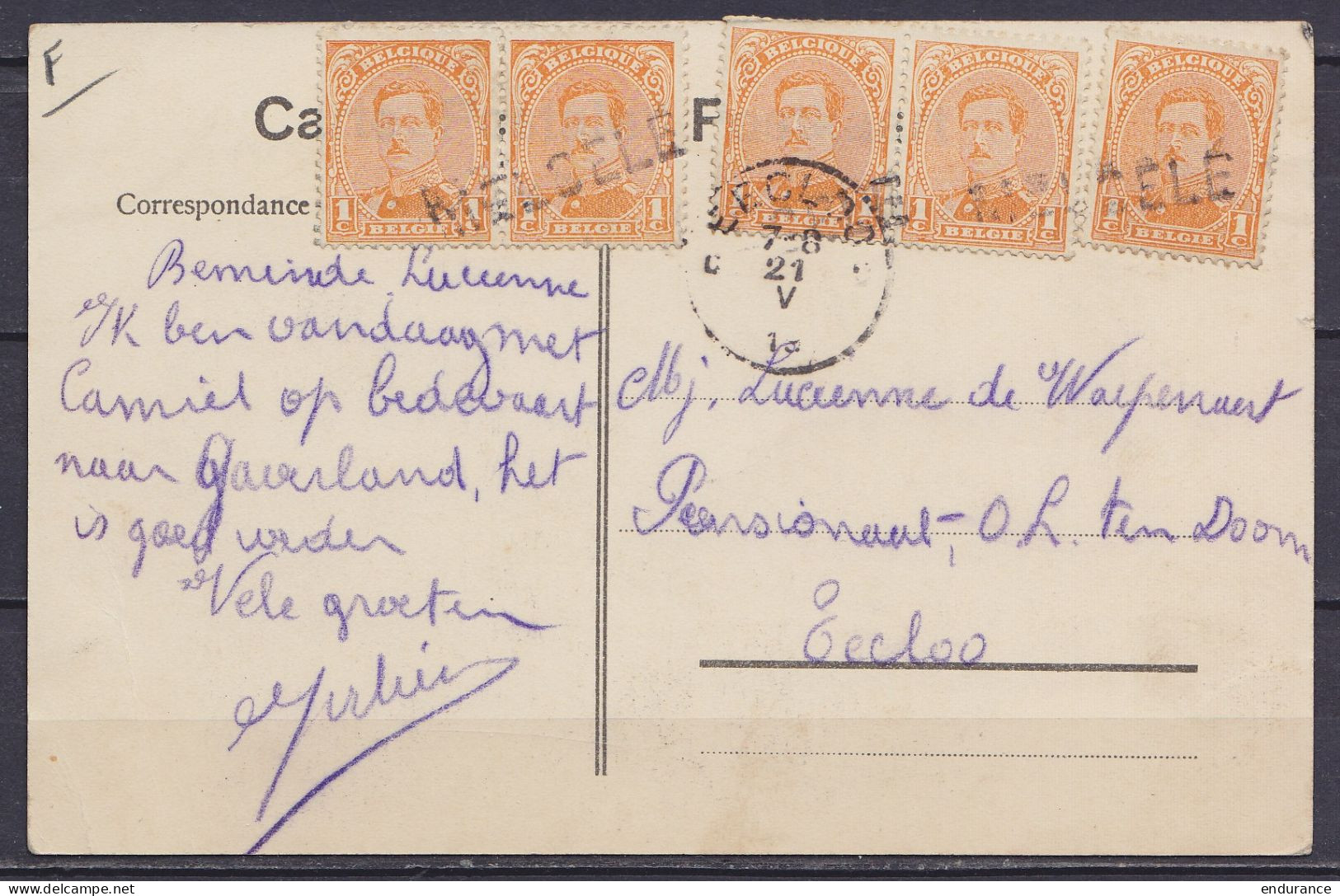 CP Gaverland Affr. 5x N°135 Oblit. Fortune MELSELE Pour Et Càd Fortune EECLOO - Noodstempels (1919)