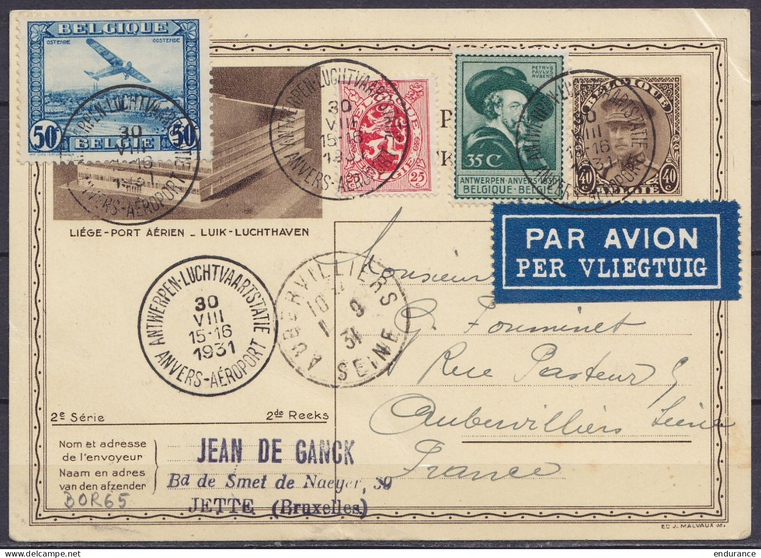 EP Par Avion 40c Albert 1e "Liège Port Aérien" + N°282+300+PA1 Càd "ANTWERPEN-LUCHTVAARTSTATIE /30 VIII 1931/ ANVERS-AER - Andere & Zonder Classificatie