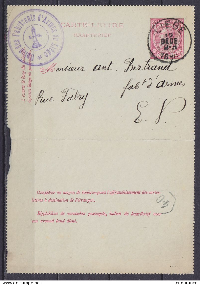 EP Carte-lettre 10c (N°46) "Union Des Fabricants D'Armes De Liège" Càd LIEGE /12 DEC 1890 Pour E/V - Postbladen