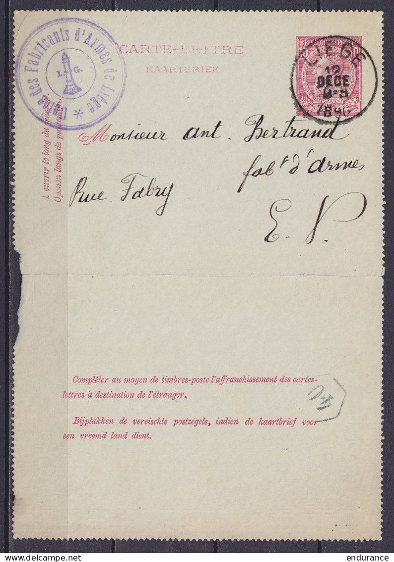 EP Carte-lettre 10c (N°46) "Union Des Fabricants D'Armes De Liège" Càd LIEGE /12 DEC 1890 Pour E/V - Letter-Cards