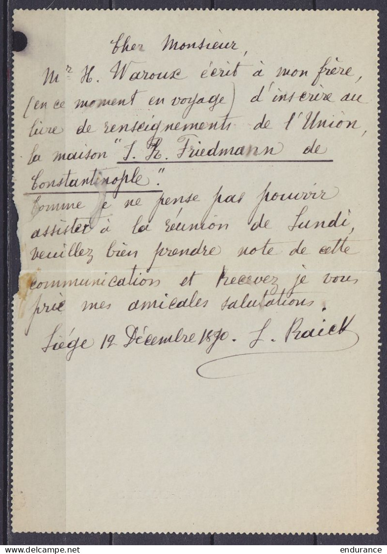 EP Carte-lettre 10c (N°46) "Union Des Fabricants D'Armes De Liège" Càd LIEGE /12 DEC 1890 Pour E/V - Postbladen