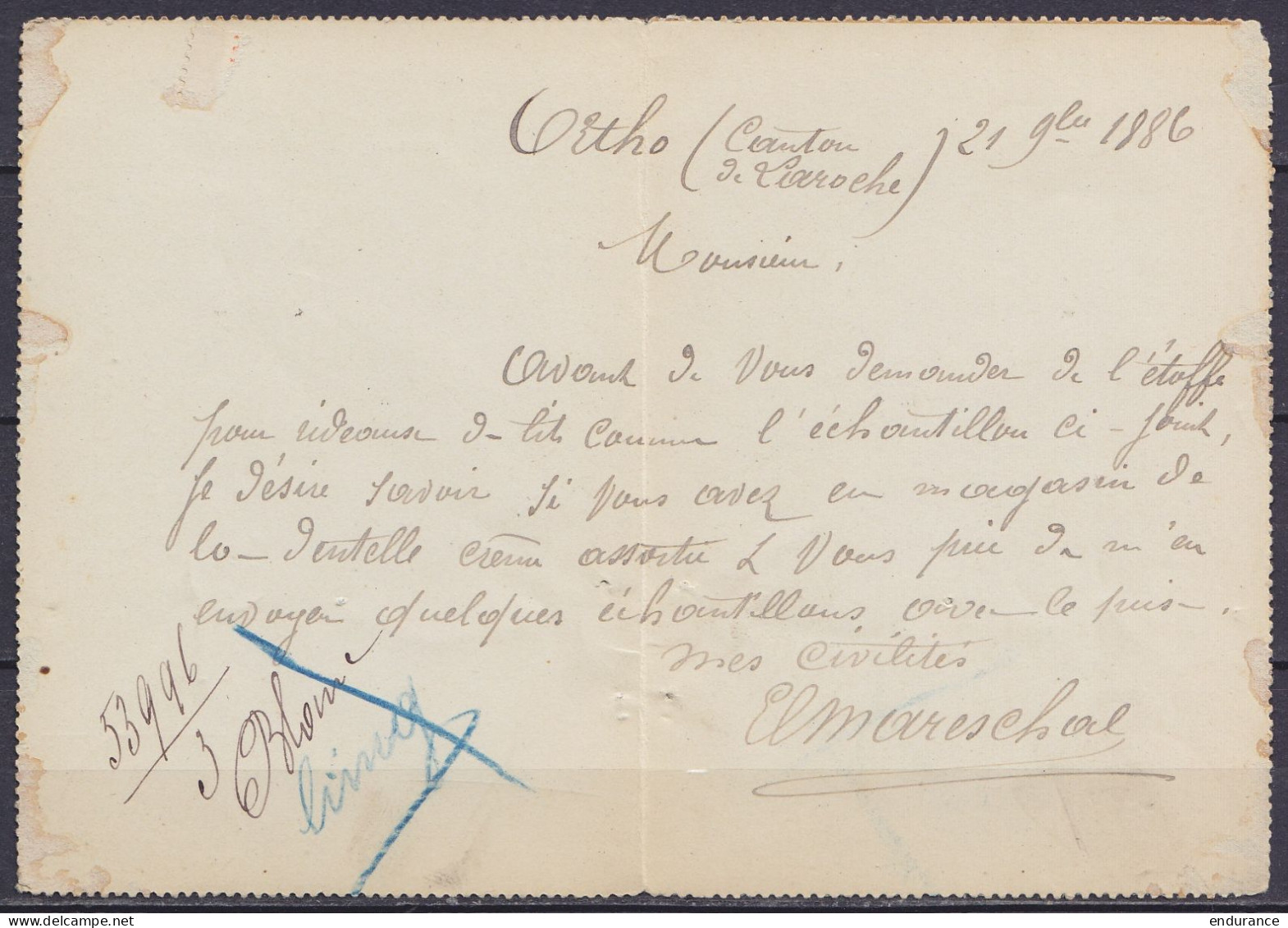 EP Carte-lettre 10c (N°46) De Orho Càd LAROCHE /22 NOV 1886 Pour BRUXELLES (au Dos: Càd Arrivée BRUXELLES 1) - Cartas-Letras