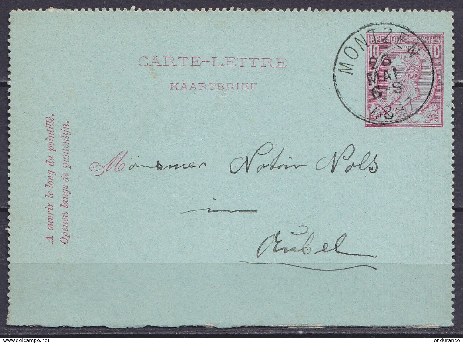 EP Carte-lettre 10c (N°46) De Moresnet Càd MONTZEN /26 MAI 1897 Pour AUBEL (au Dos: Càd Arrivée AUBEL) - Cartes-lettres