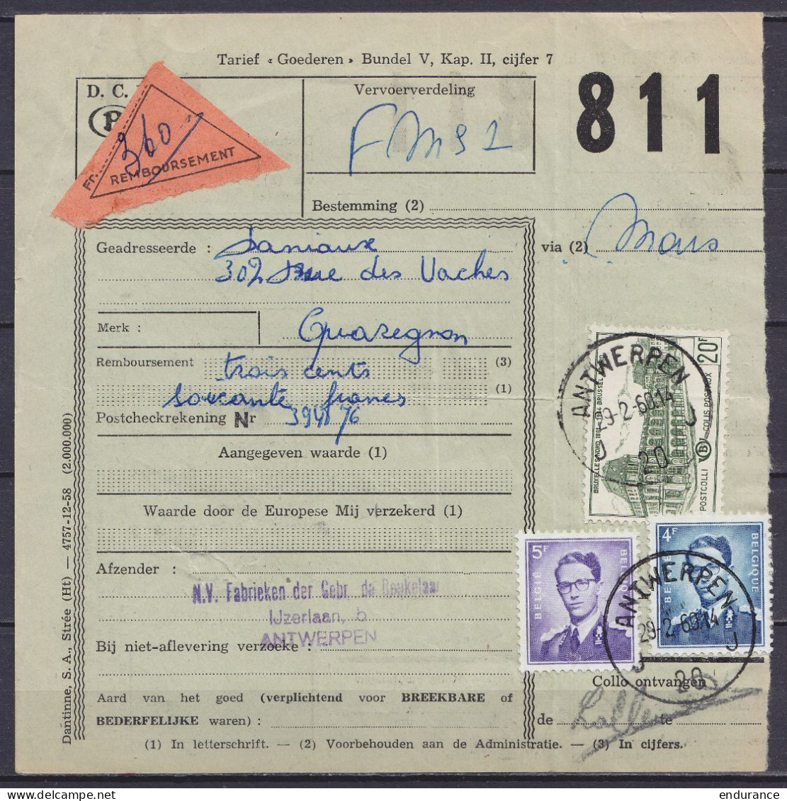 Bordereau De Colis Affr. N°926+1029+TR366 Càd ANTWERPEN J/29-2-1960 Pour QUAREGNON Via MONS - Papillon "Remboursement" ( - Other & Unclassified