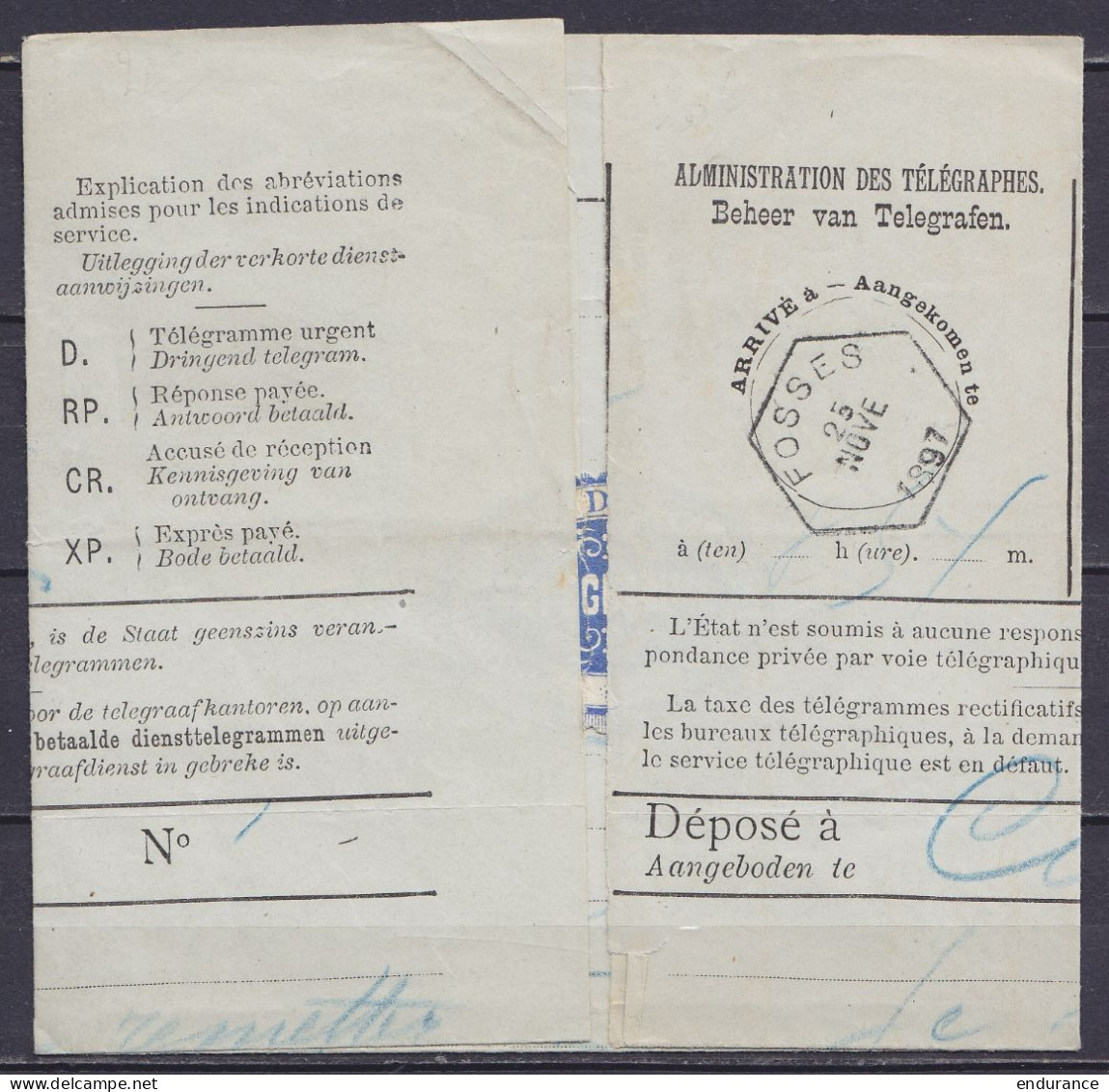 Télégramme Déposé à COUILLET Pour Juge De Paix Au Tribunal De Fosses - Càd Hexagon. FOSSES /25 NOV 1897 - Timbres Télégraphes [TG]