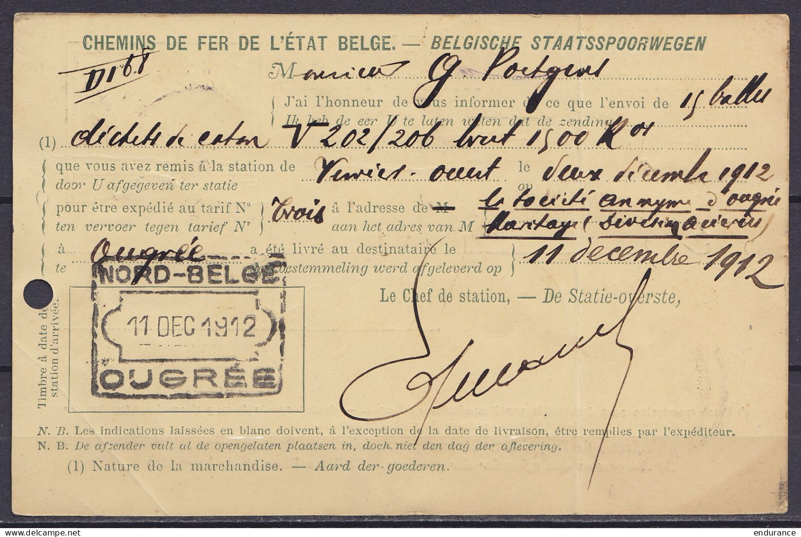 Avis De Réception De Colis 10c Vert-gris Càd OUGREE /11 XI 1912 Pour VERVIERS (au Dos: Càd Chemin De Fer [NORD-BELGE /11 - Nord Belge