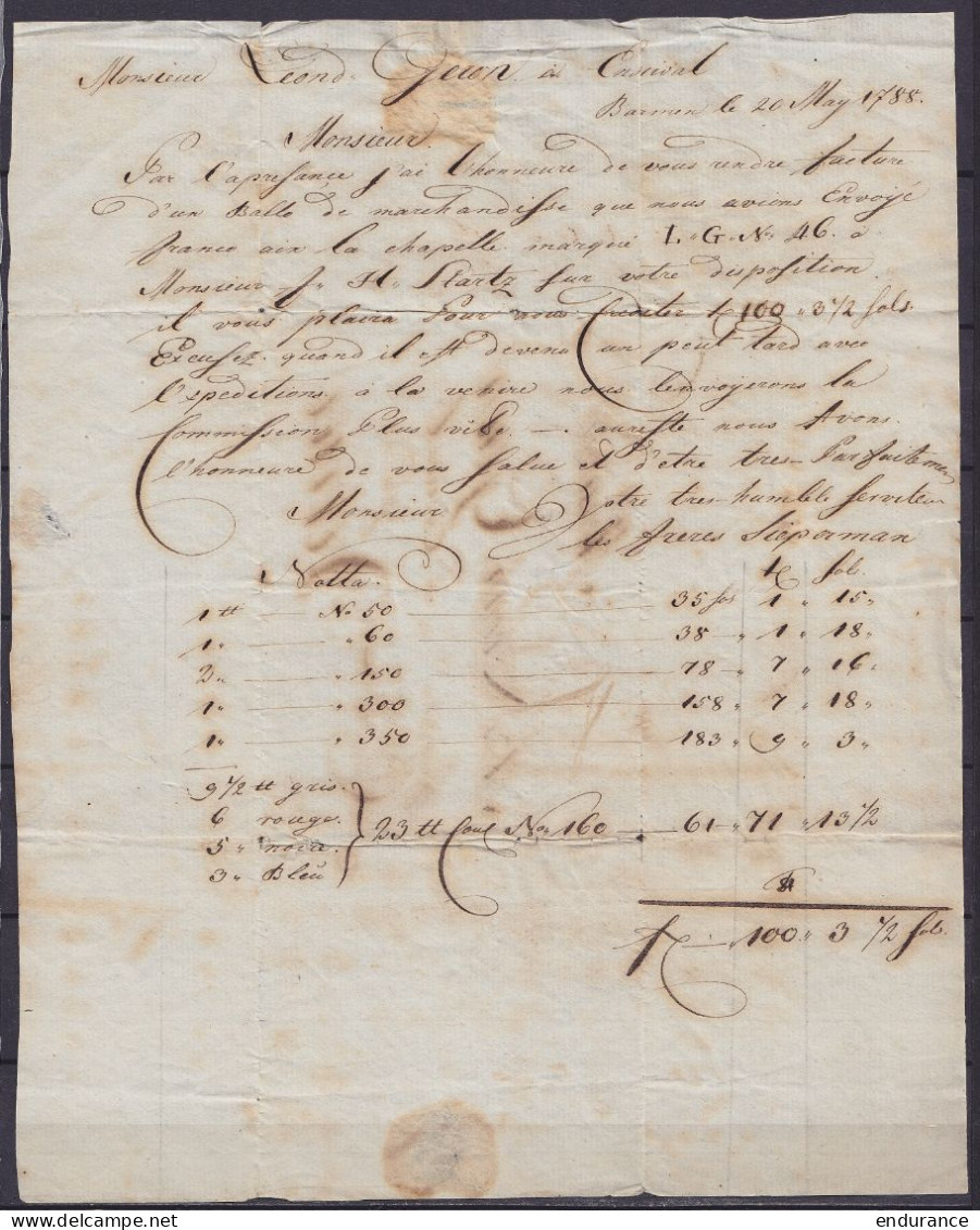 L. Datée 20 Mai 1788 De BARMEN (Allemagne) Pour ENSIVAL Près Verrviers - Man. "franco / Cologne" - 1714-1794 (Pays-Bas Autrichiens)