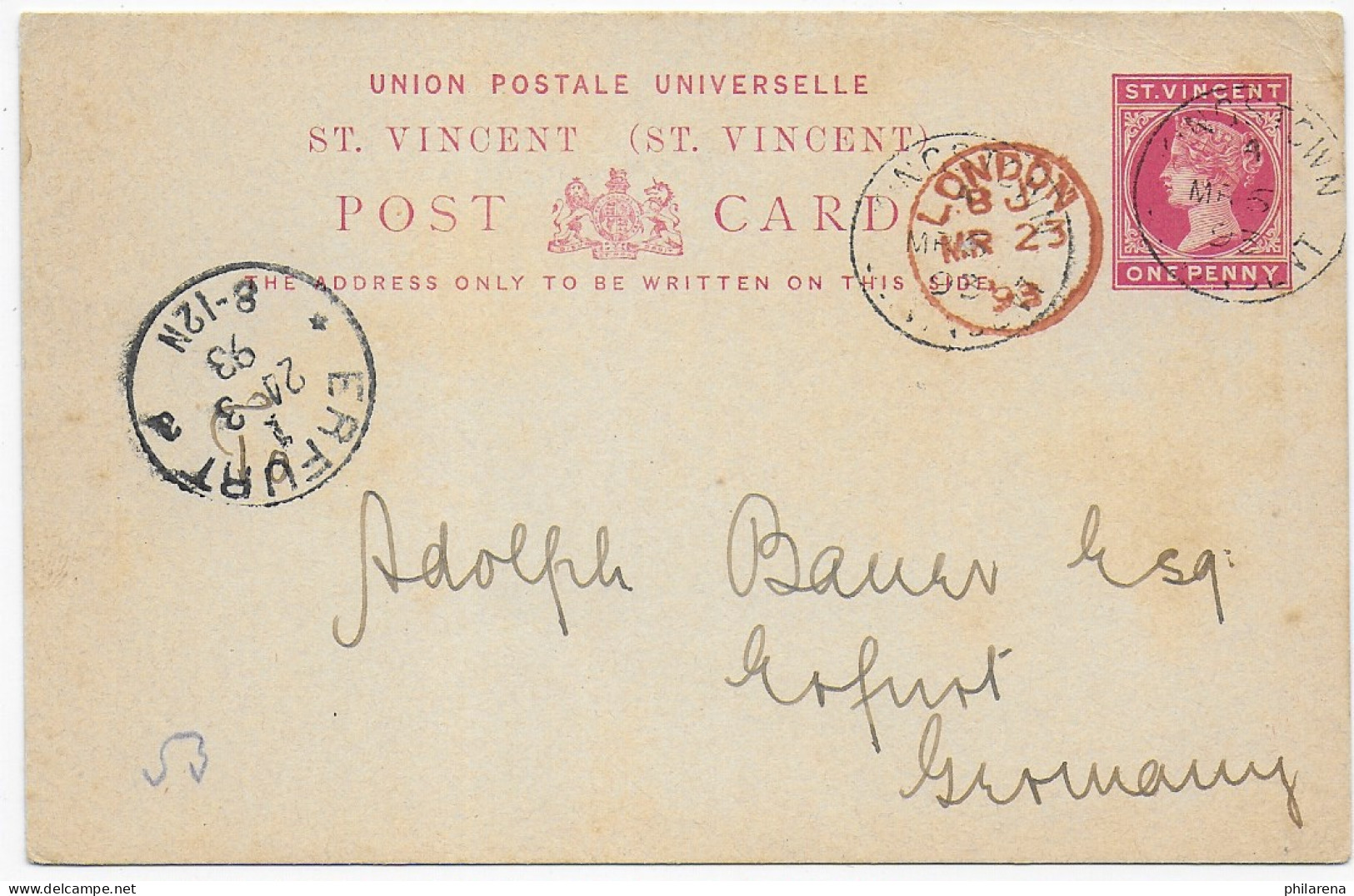 Post Card St. Vincent, 1893 To Erfurt/Germany - St.Vincent (1979-...)