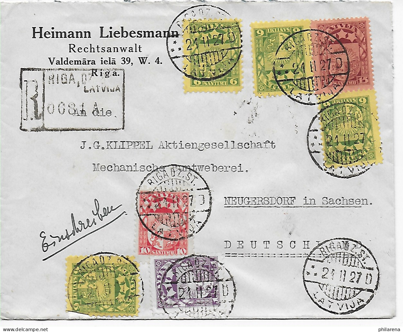 Riga Einschreiben 1927 Nach Neugersdorf - Lettland