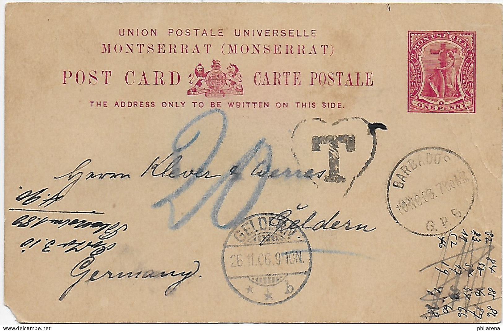 Post Card Monserrat /Barbados Nach Geldern, Taxe - Nachgebühr 1906 - Montserrat