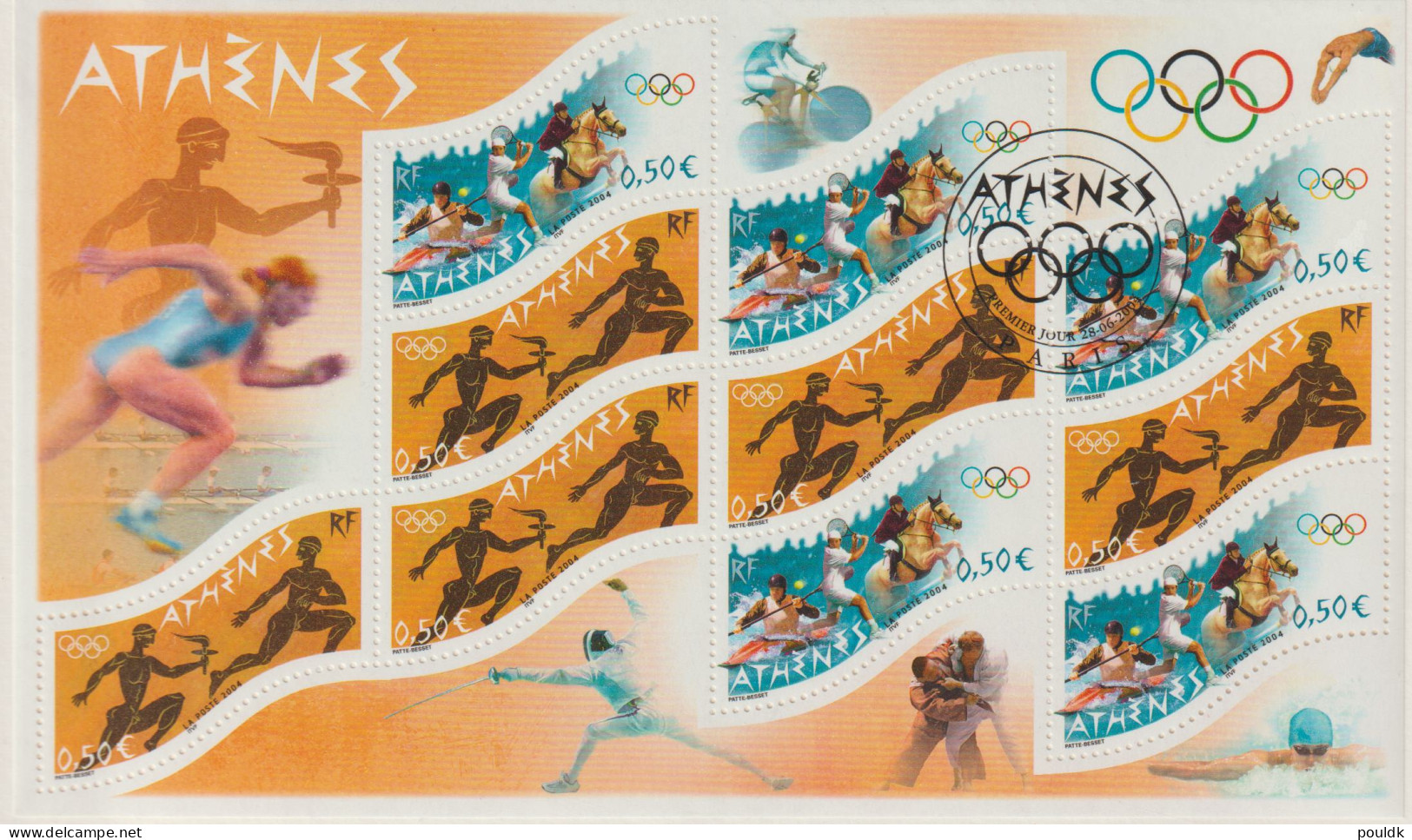 France 2004 Olympic Games Athens Souvenir Sheet Used On French Postal Folder. Postal Weight Approx 99 Gramms - Summer 2004: Athens