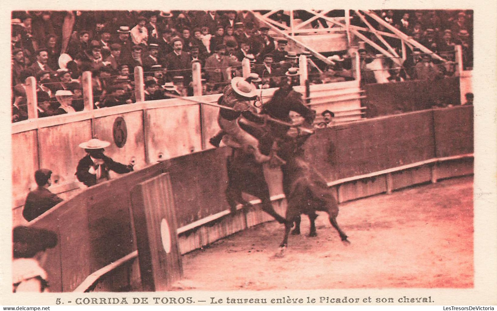 CORRIDA - Corrida De Toros - Le Taureau Enlève Le Picador Et Son Cheval - Animé - Carte Postale Ancienne - Stierkampf