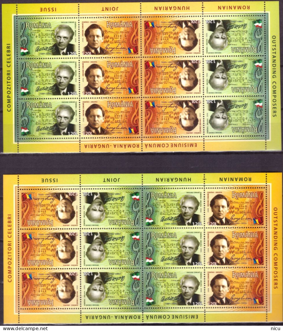 2006 - MUSIC - JOIN ISSUE ROMANIA - HUNGARY, FAMOUS COMPOSERS - Two Different Blocks With 12 Stamps And 2 Labels - Ongebruikt