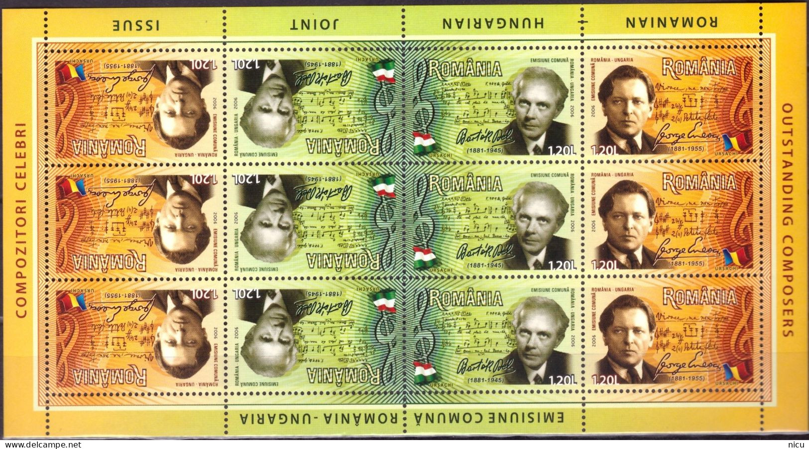 2006 - MUSIC - JOIN ISSUE ROMANIA - HUNGARY, FAMOUS COMPOSERS - Two Different Blocks With 12 Stamps And 2 Labels - Neufs