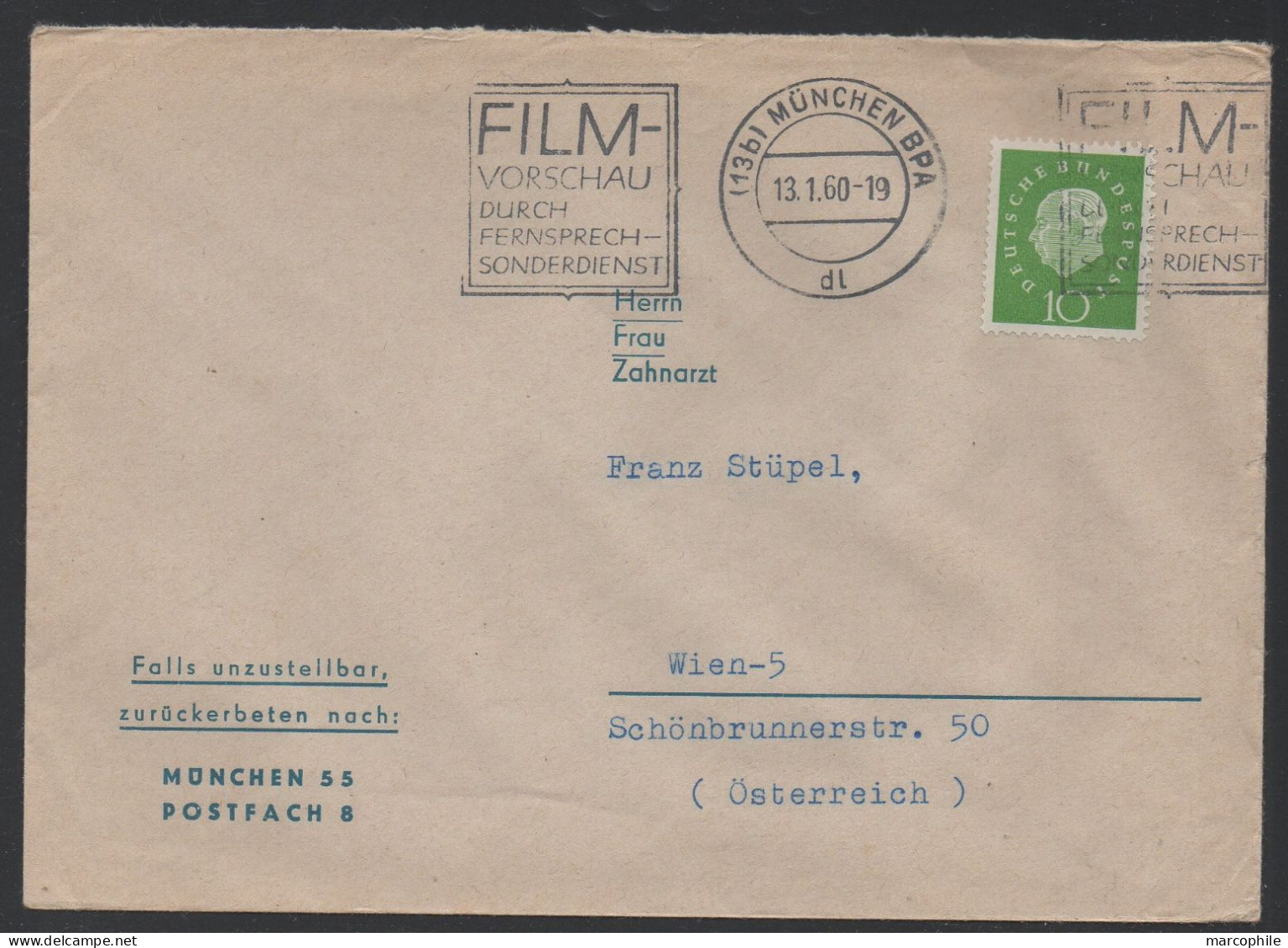 CINEMA - FILM / 1960 ALLEMAGNE - MUNICH OBLITERATION SUR LETTRE  (ref 2807) - Cinema
