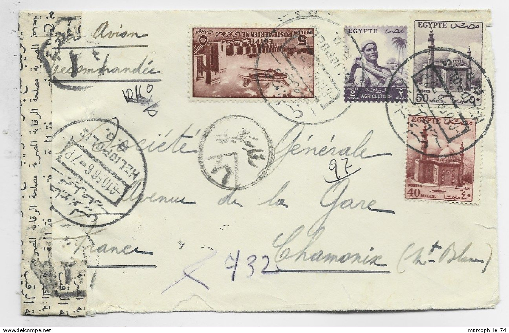 EGYPTE PA 5 M+2M+50M+40M LETTRE COVER REC AVION HELIOPOLIS 1956 TO CHAMONIX FRANCE CENSURE - Covers & Documents