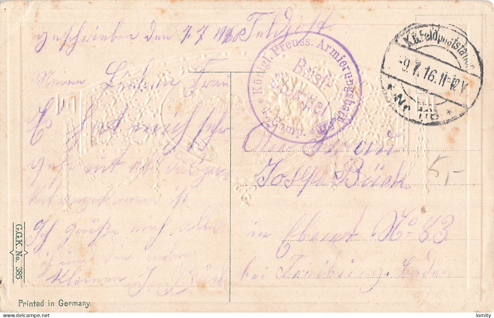 Cachet Militaire Guerre 1914 1918 Konigl Preuss Armierungsbataillon N°55 4e Compagnie Bataillon D' Armement 1916 - Feldpost (Portofreiheit)