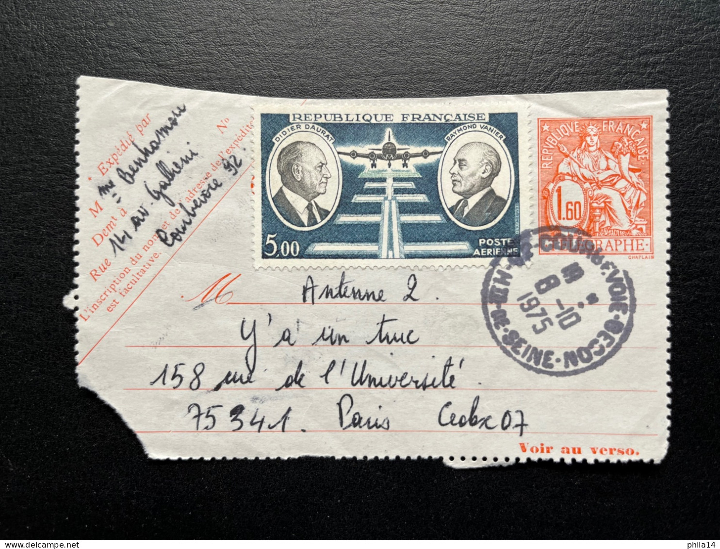 DEVANT DE CARTE PNEUMATIQUE / COURBEVOIE POUR PARIS 8 OCT 1975 - Pneumatische Post