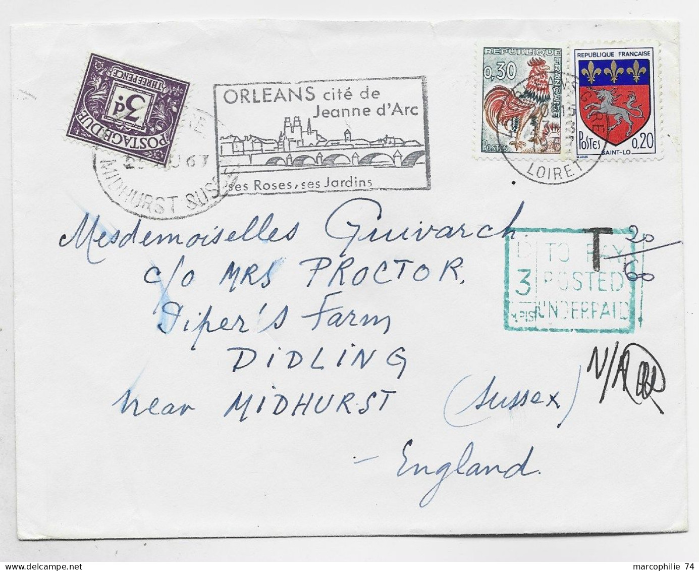 COQ DECARIS 30C+20C BLASON ST LO LETTRE COVER ORLEANS 1967 POUR ANGLETERRE TAXE 3D MIDHURST - 1962-1965 Gallo De Decaris