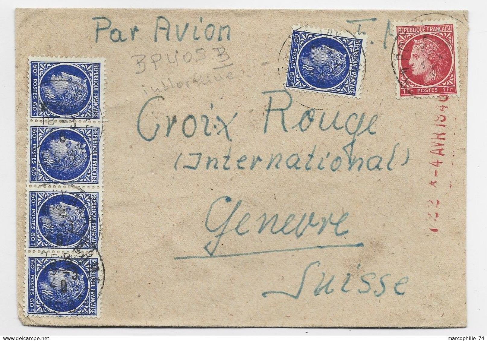 FRANCE MAZELIN 60C BANDE DE 4+1+1FR LETTRE FM AVION POSTE AUX ARMEES 405B 1946 POUR GENEVE RARE - Guerra De Indochina/Vietnam