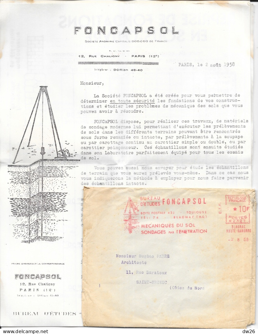 Documents Commerciaux 1958 - Bureau D'Etudes FONCAPSOL, Paris, Mécaniques Du Sol, Sondages - Courrier Et Références - 1900 – 1949