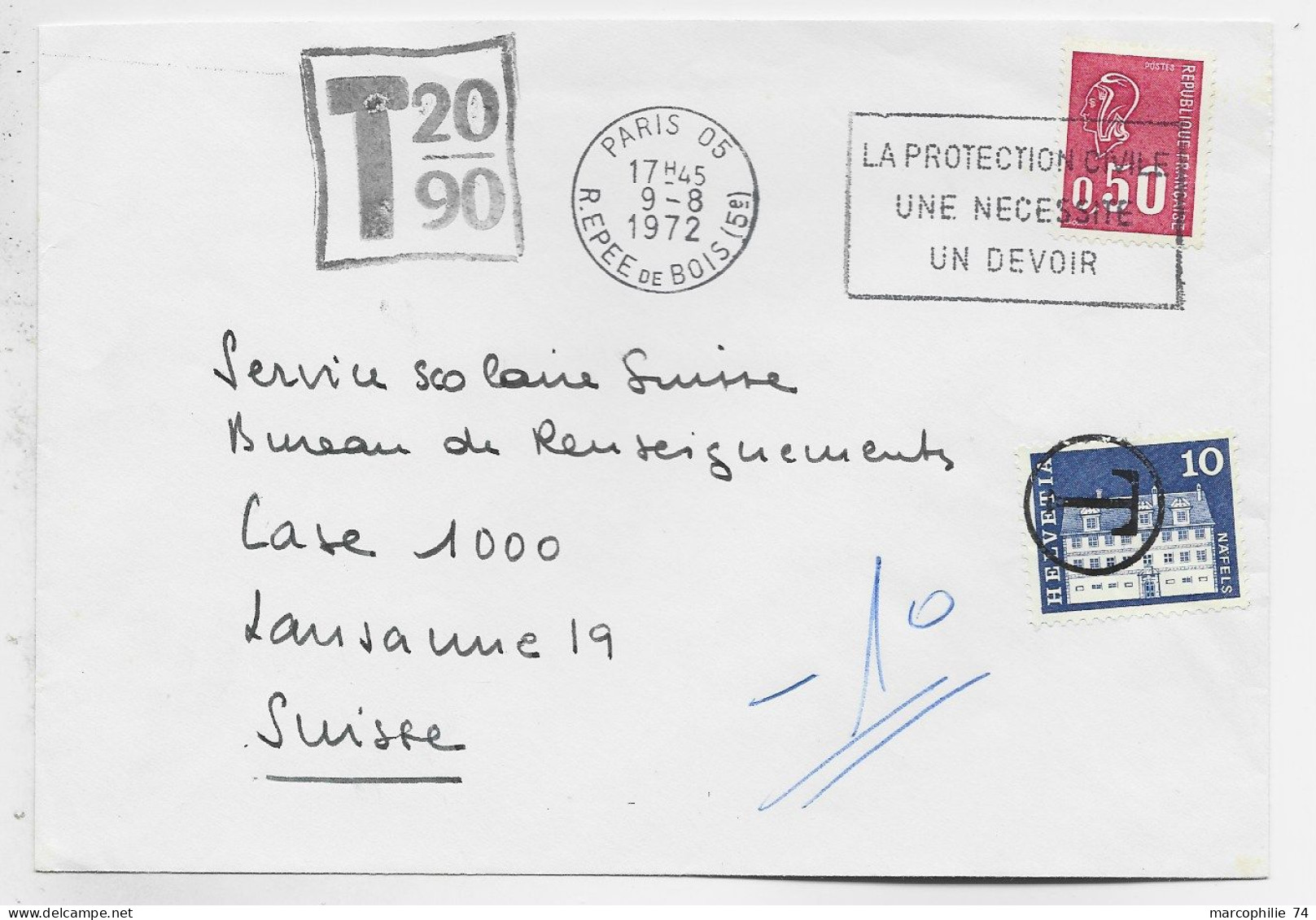 BEQUET 50C SEUL LETTRE COVER PARIS 05 9.8.1972 POUR SUISSE TAXE 10C - 1971-1976 Marianna Di Béquet